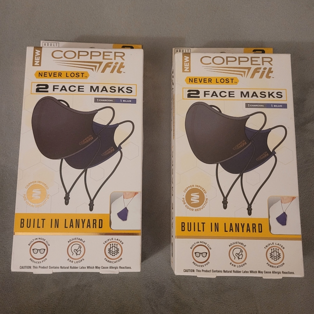 Cooper Fit Built-In Lanyard 2-Pack  4 Face Masks Total - Black & Blue